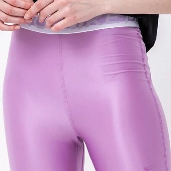 Nike Pro High Waisted 7/8 Length Leggings Compression Pants Shiny Pink White New - Picture 2 of 8